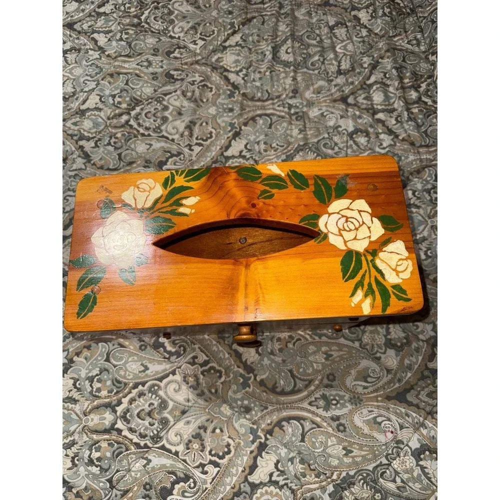 Vintage Hand Painted Wood Jewelry Box Tissue Holder Combo Floral Rose 2 Drawer